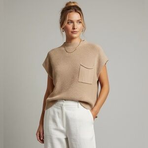 Beige Knit Top Mock Neck Pocket Short Sleeve Sweater XL‎